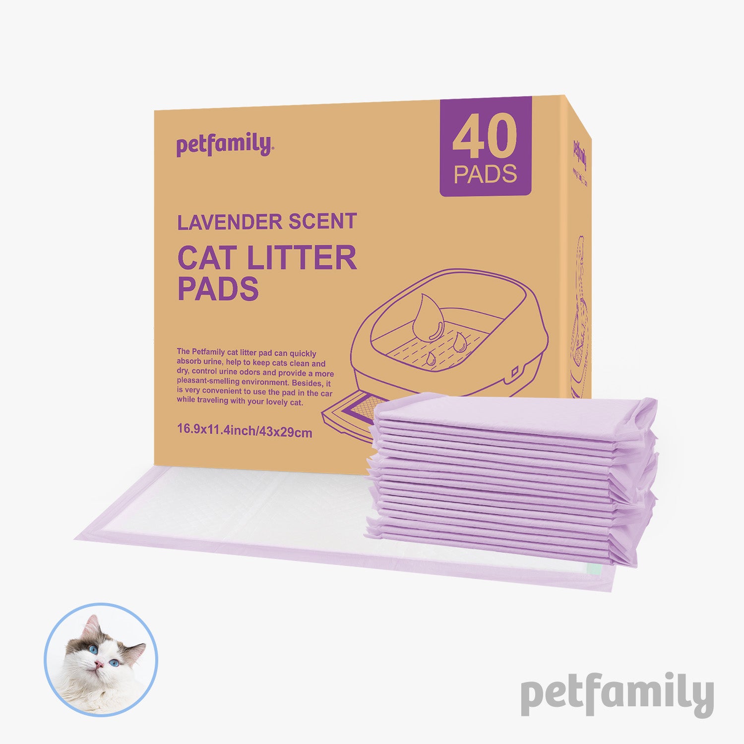 Cat Litter Box Pads 16.9” x 11.4” 40 Pieces, Lavender Scent - Quick Drying and Ultra Absorbent