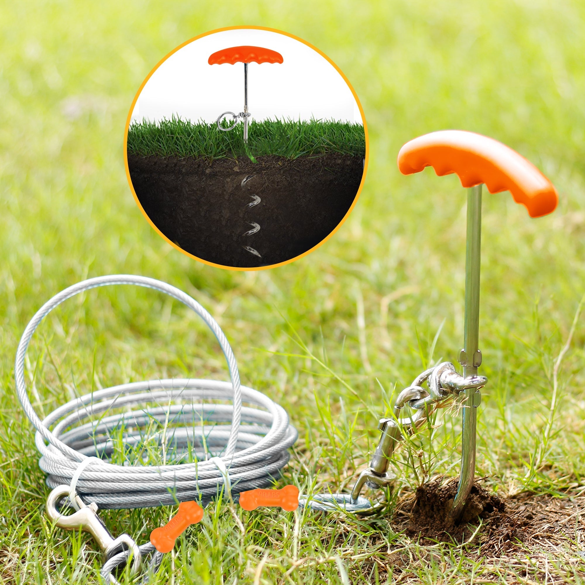 Reflective Vinyl-Covered Tie-Out Cable & Spiral Stake - Heavy Duty