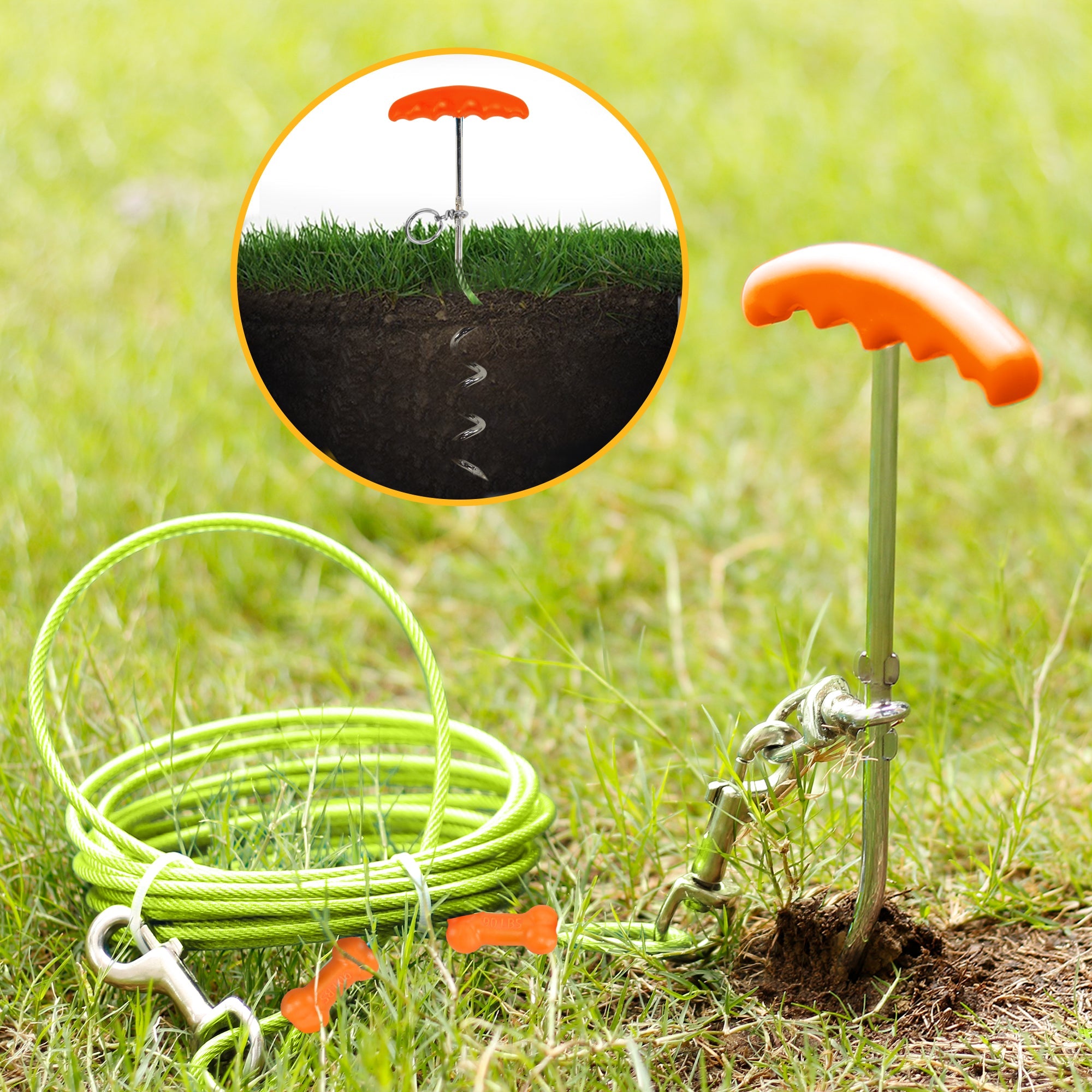 Reflective Vinyl-Covered Tie-Out Cable & Spiral Stake - Heavy Duty