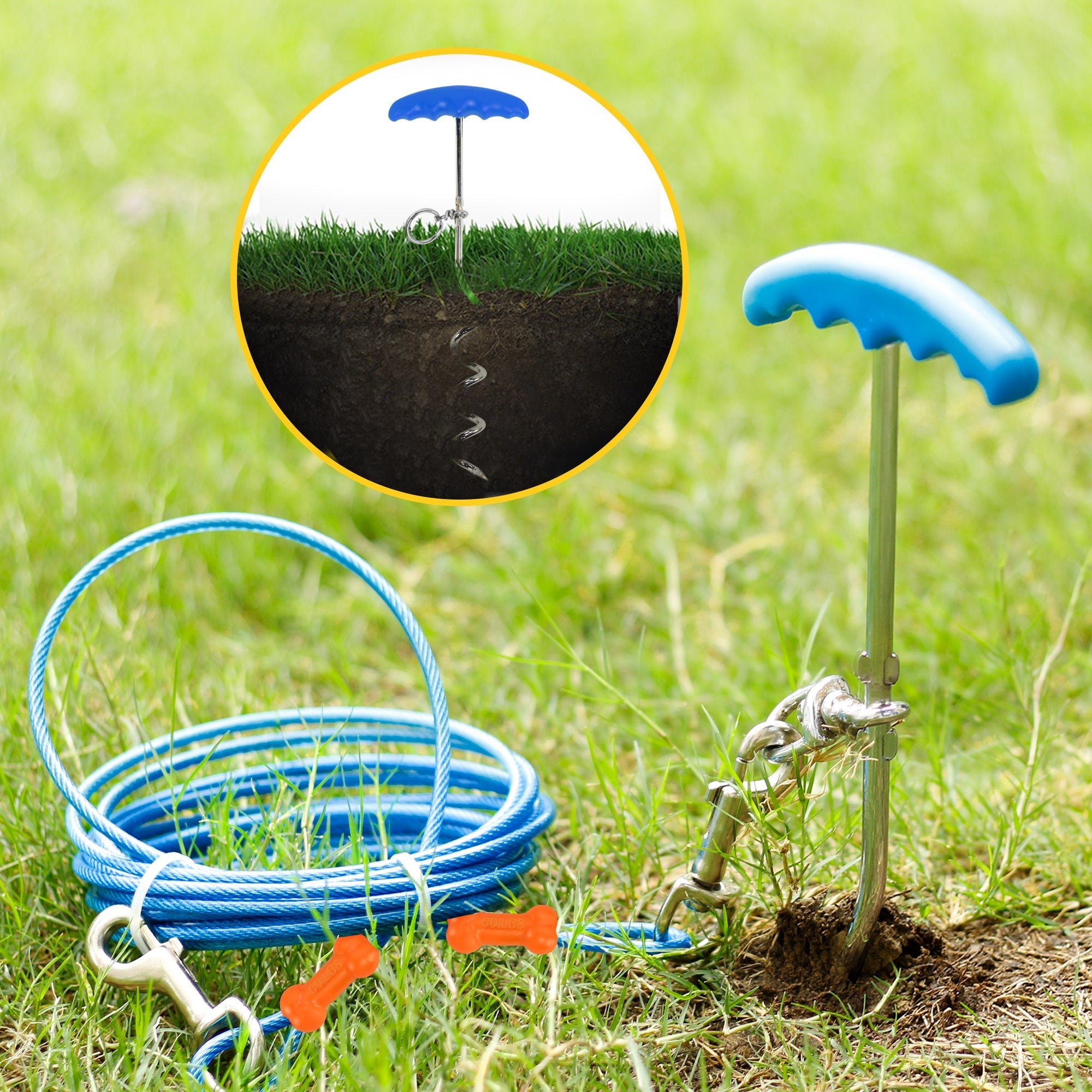 Reflective Vinyl-Covered Tie-Out Cable & Spiral Stake - Heavy Duty