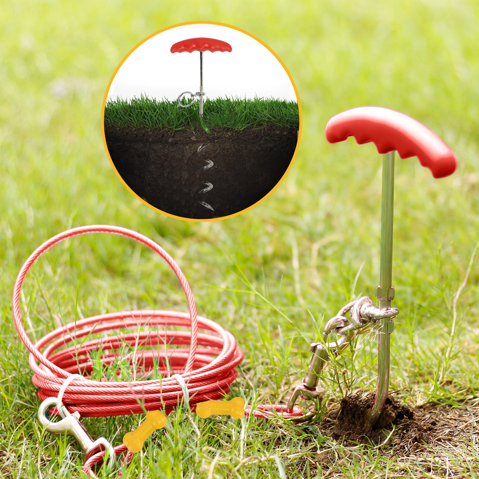 Reflective Vinyl-Covered Tie-Out Cable & Spiral Stake - Heavy Duty