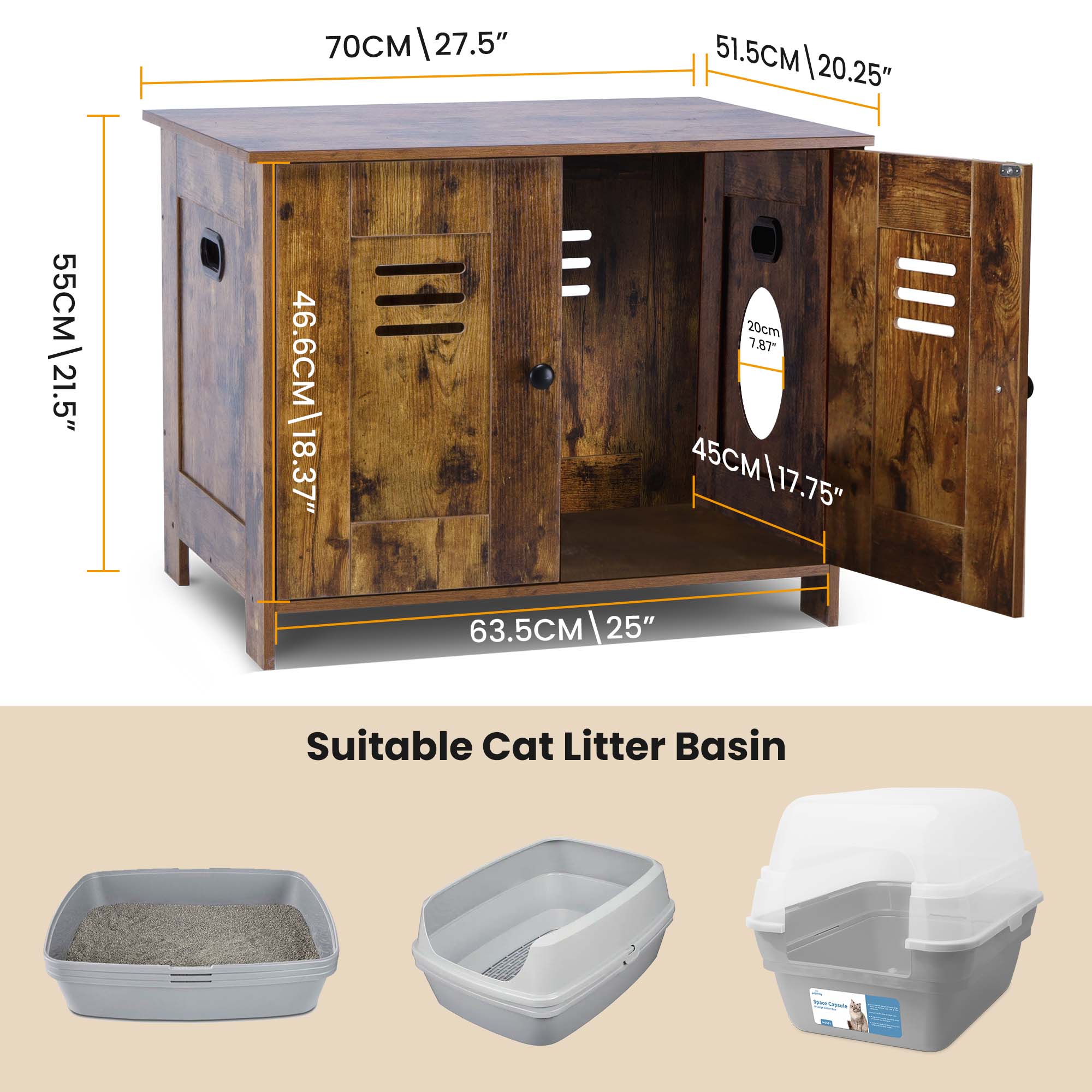 2-in-1 Cat Litter Box Enclosure Brown - Double Door Litter Box Furniture
