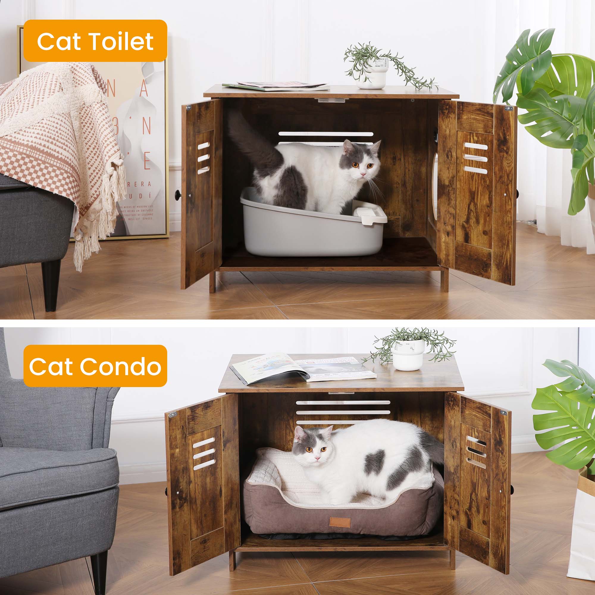 2-in-1 Cat Litter Box Enclosure Brown - Double Door Litter Box Furniture
