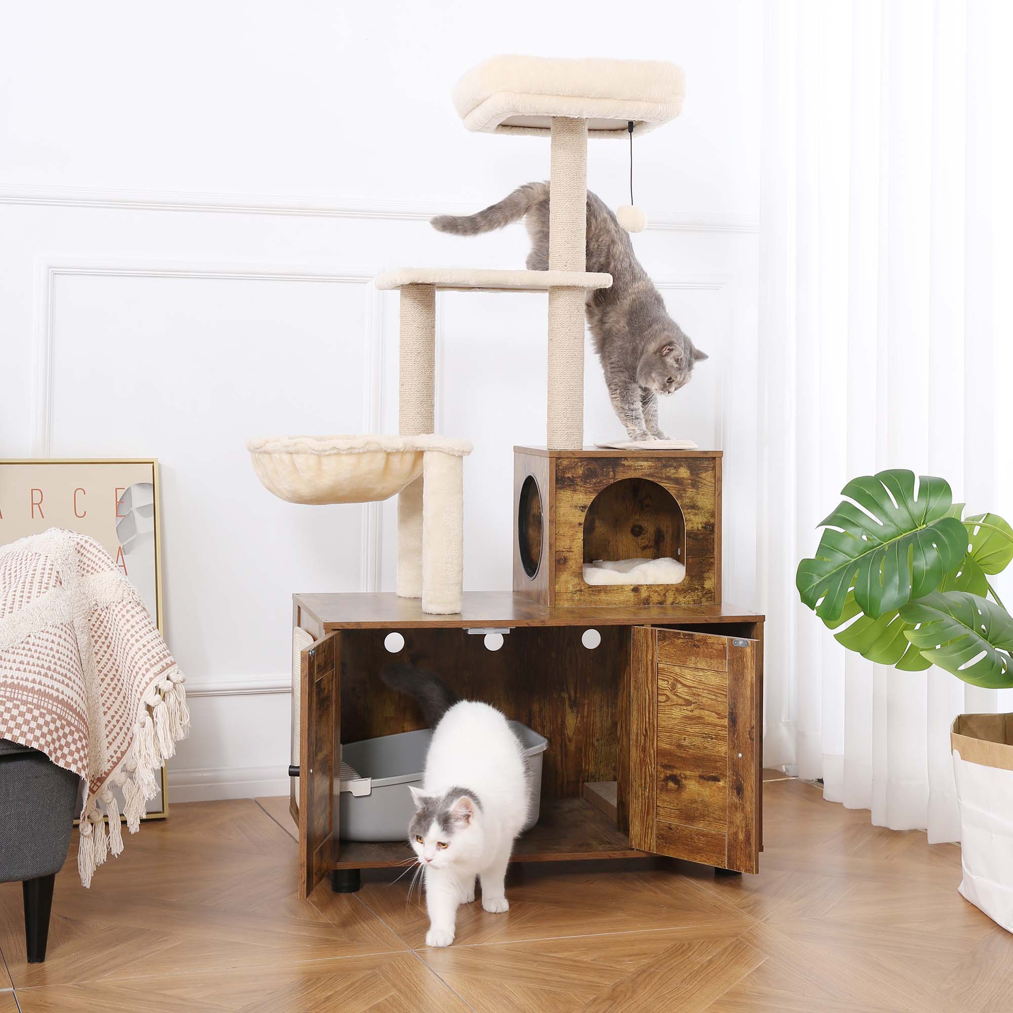 2-in-1  58 inch Cat Litter Box Enclosure with Cat Tree