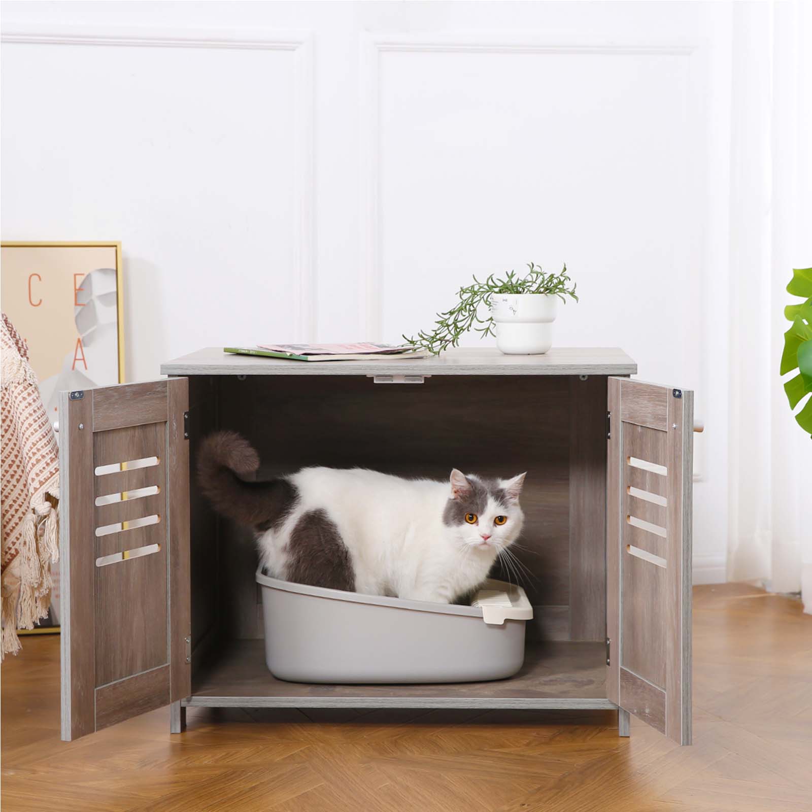 2-in-1 Cat Litter Box Enclosure Antique Grey - Double Door Litter Box Furniture