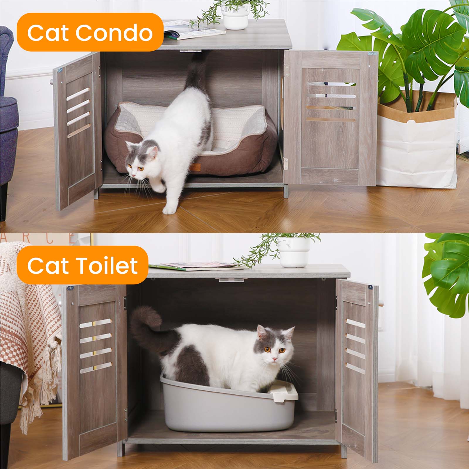 2-in-1 Cat Litter Box Enclosure Antique Grey - Double Door Litter Box Furniture