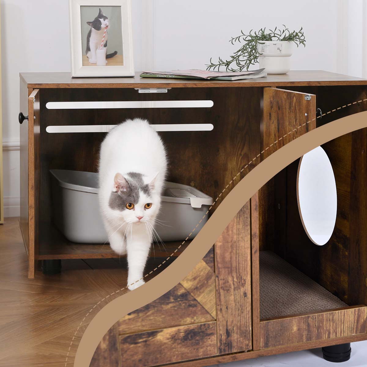 2-in-1 Large Cat Litter Box Enclosure - Double Door Litter Box Furniture