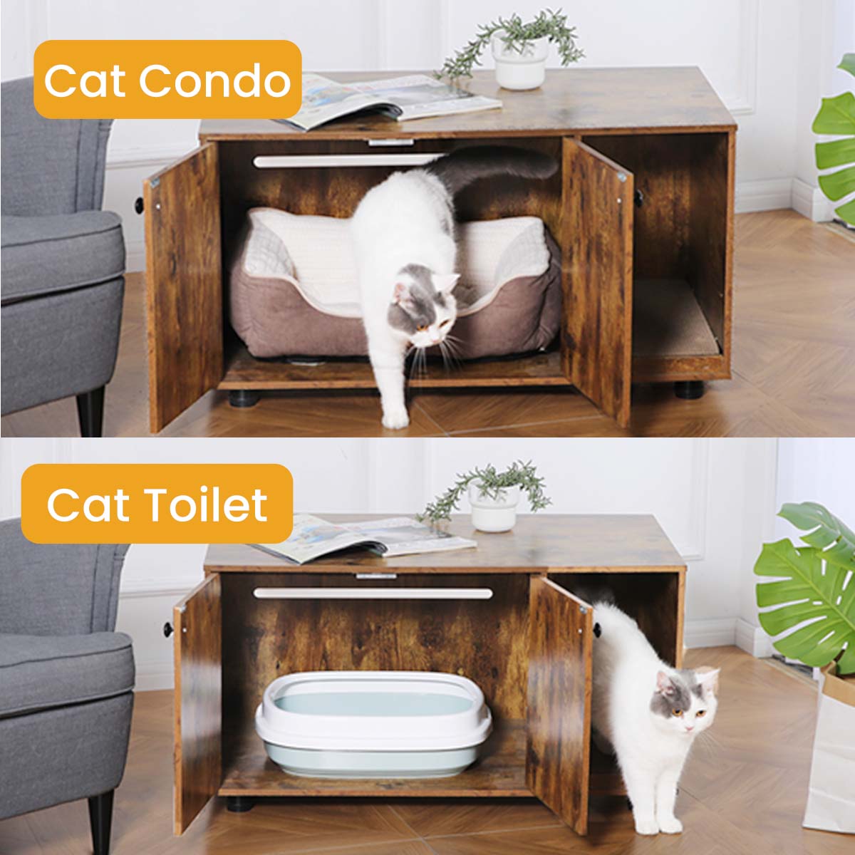 2-in-1 Large Cat Litter Box Enclosure - Double Door Litter Box Furniture