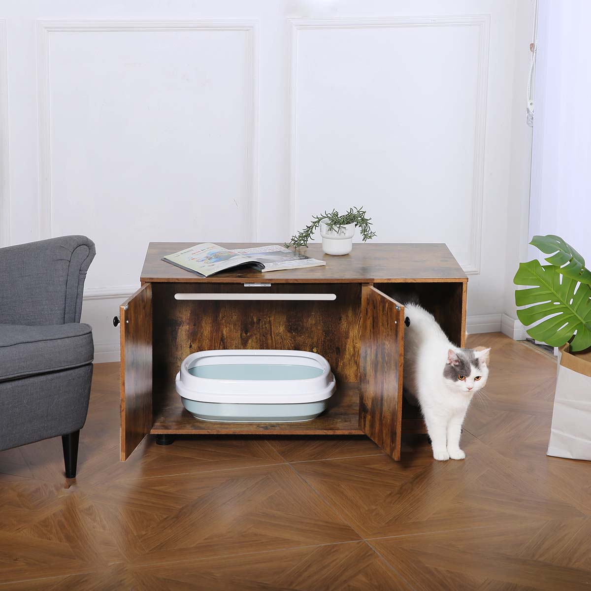 2-in-1 Large Cat Litter Box Enclosure - Double Door Litter Box Furniture