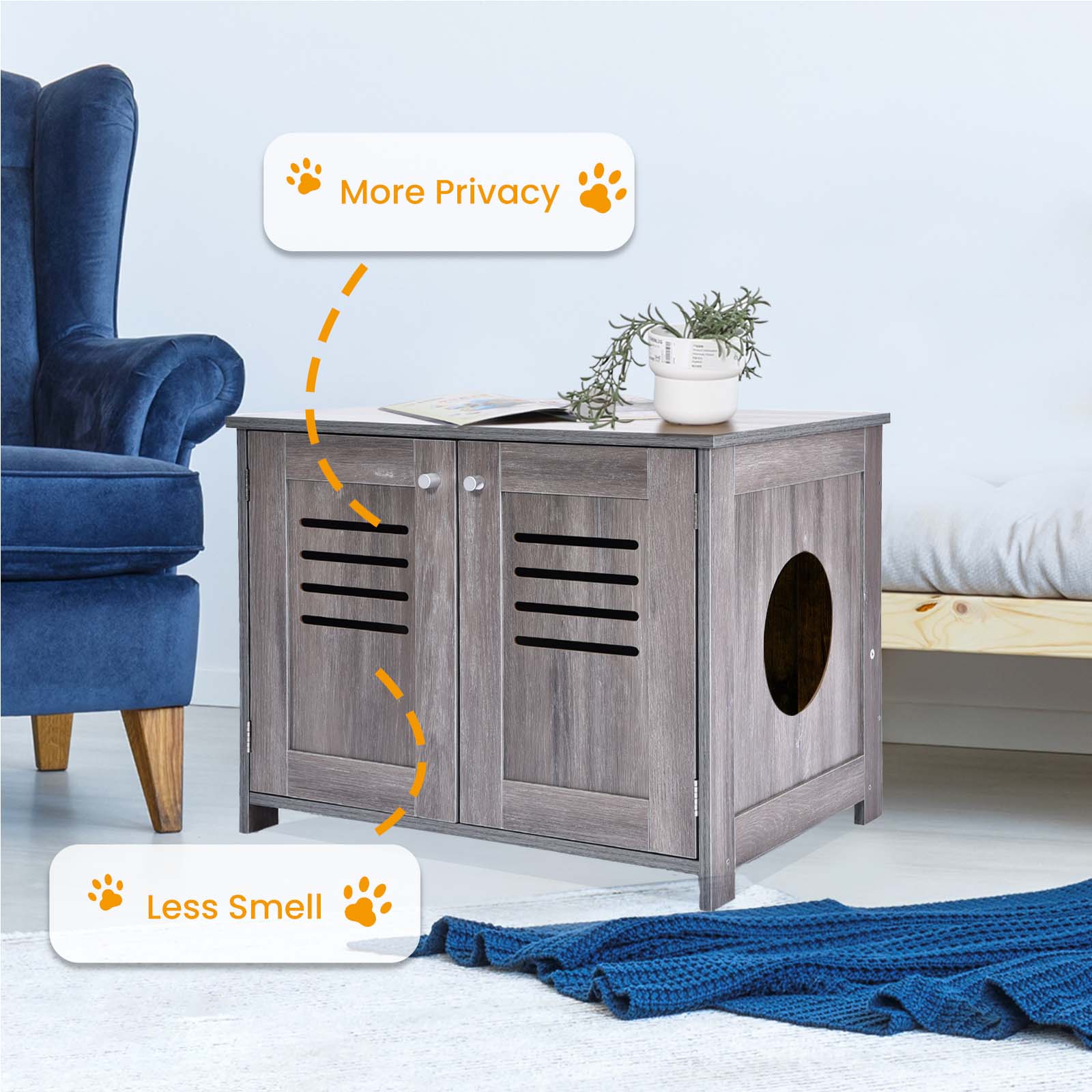 2-in-1 Cat Litter Box Enclosure Antique Grey - Double Door Litter Box Furniture