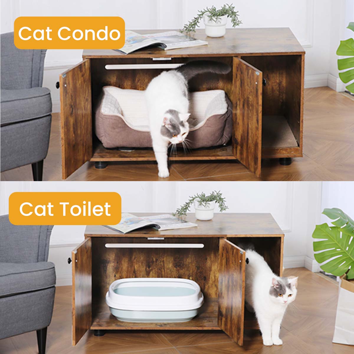2-in-1 大型猫用トイレボックス エンクロージャー - ダブルドア トイレボックス家具